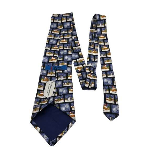 Save The Children Neck Tie Mens 100% Silk Blue Scenes Of Christmas Holiday Snow - Picture 3 of 8